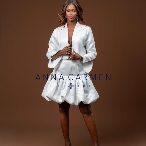 Ensemble jupe ballon et veste pimpé en Brocart argent